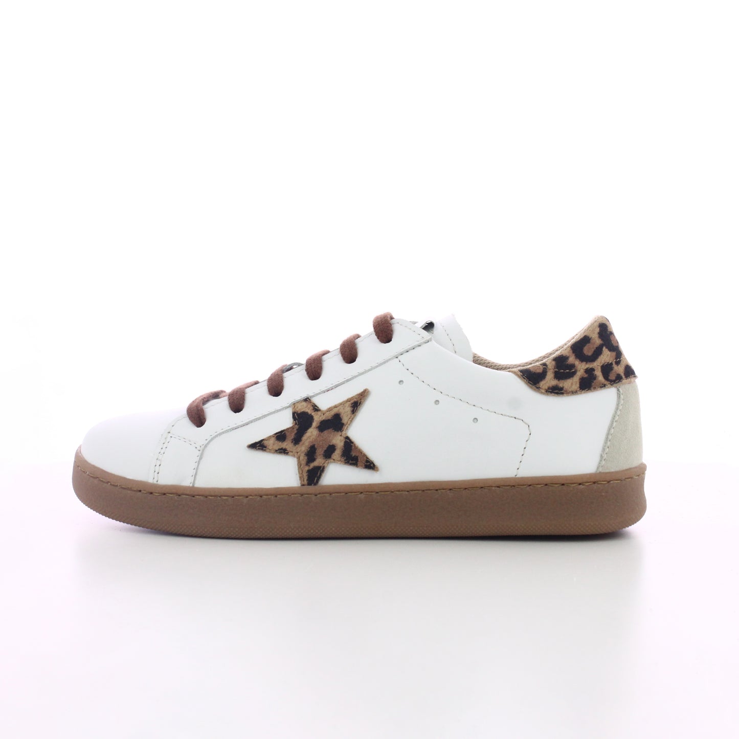 BASKET CUIR LEOPARD BLANC ET BEIGE  A LACETS ADOS / FEMME