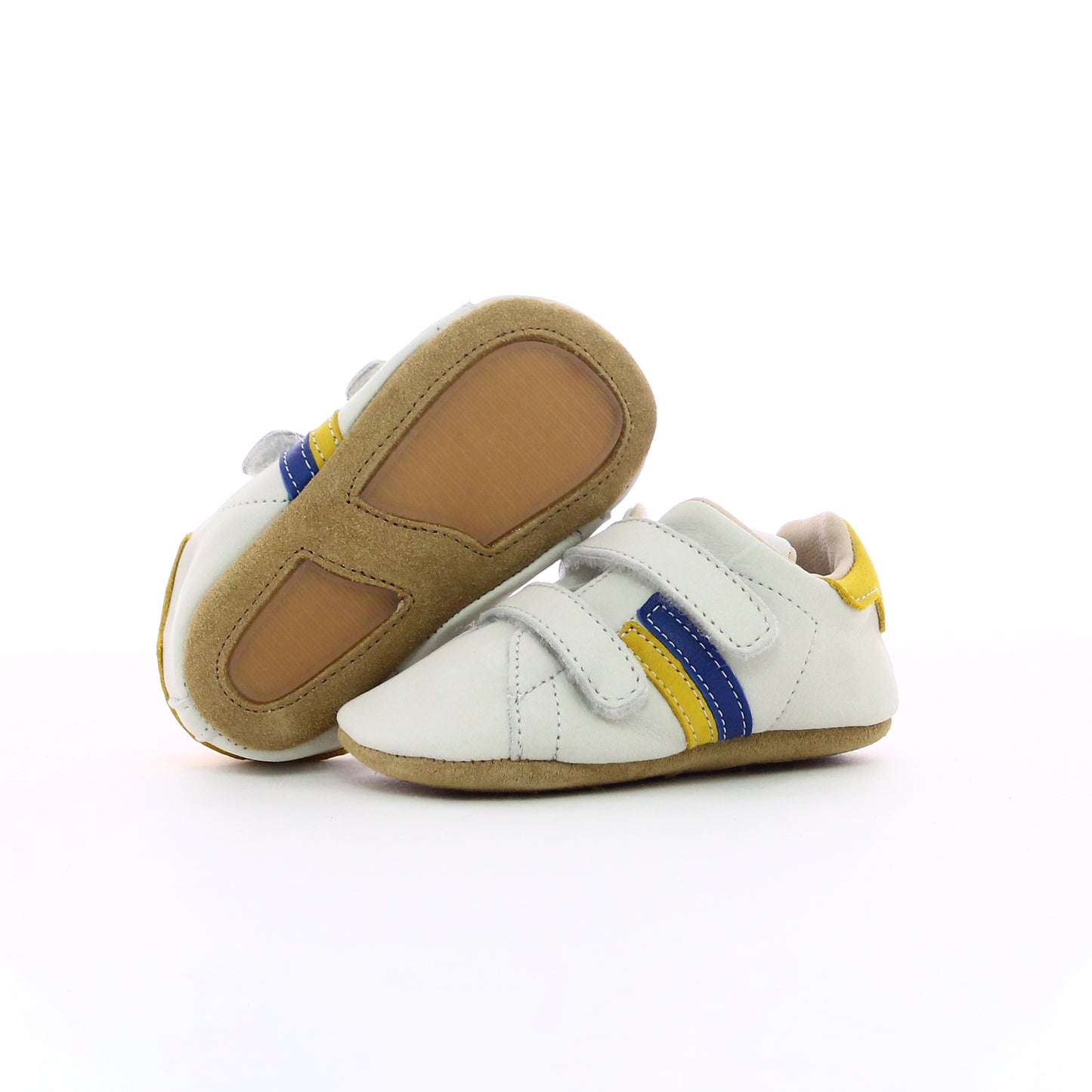 Chausson en cuir à scratch garçon blanc jaune et bleu