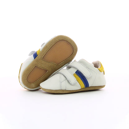 Chausson en cuir à scratch garçon blanc jaune et bleu