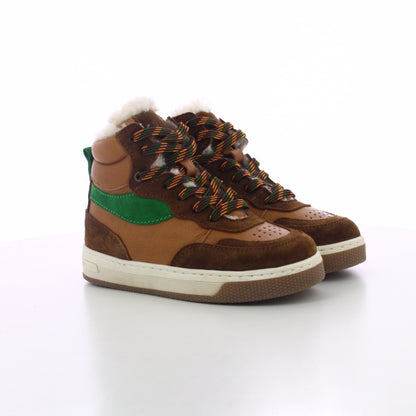 BASKET MONTANTE FOURREE MARRON  TABAC  VERT A LACETS ET ZIP