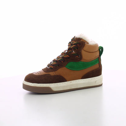 BASKET MONTANTE FOURREE MARRON  TABAC  VERT A LACETS ET ZIP