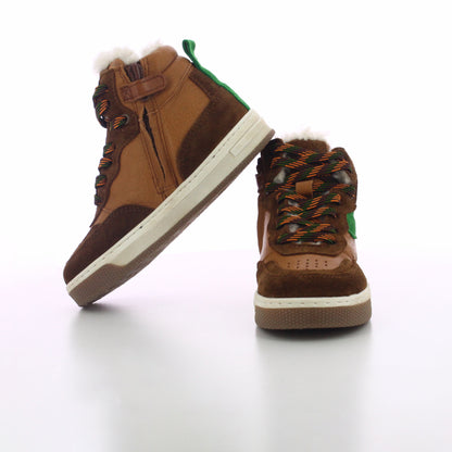 BASKET MONTANTE FOURREE MARRON  TABAC  VERT A LACETS ET ZIP