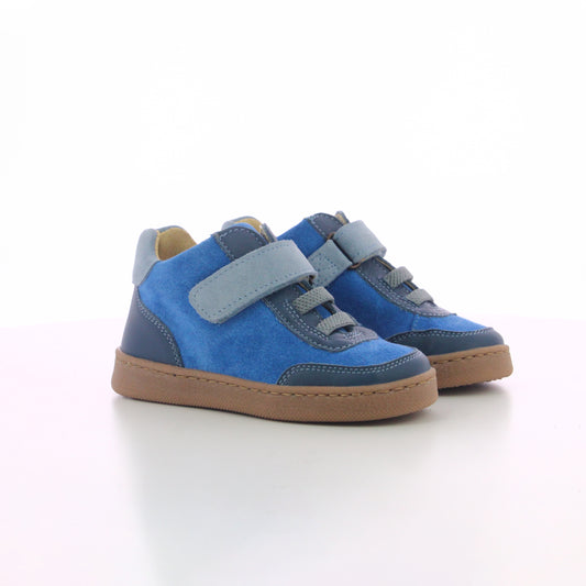 BASKET BLEU CUIR A SCRATCHE ET LACETS BEBE GARCON