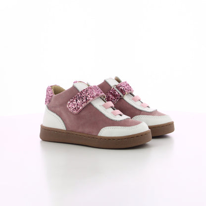 BASKET ROSE ET BLANCHE CUIR A SCRATCHE ET LACETS BEBE FILLE