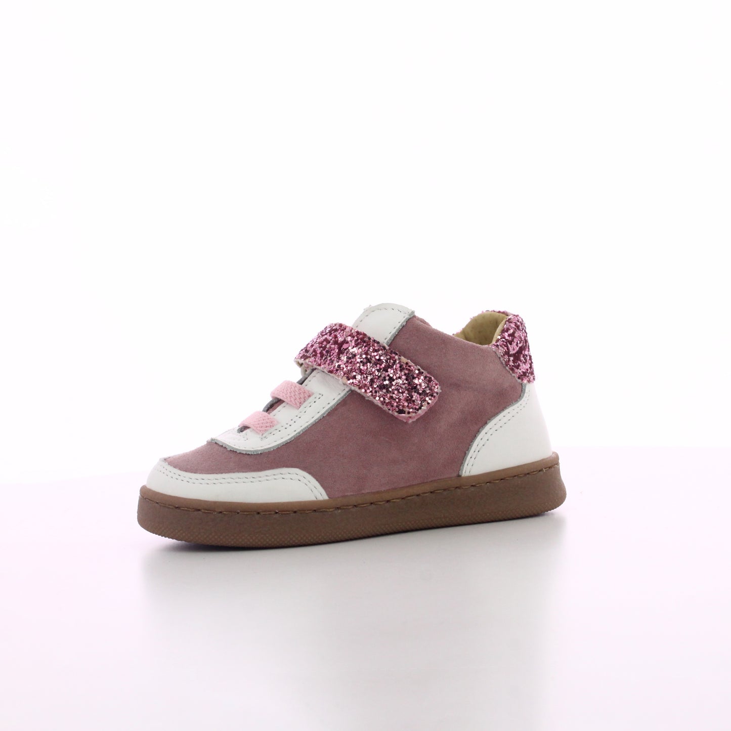 BASKET ROSE ET BLANCHE CUIR A SCRATCHE ET LACETS BEBE FILLE