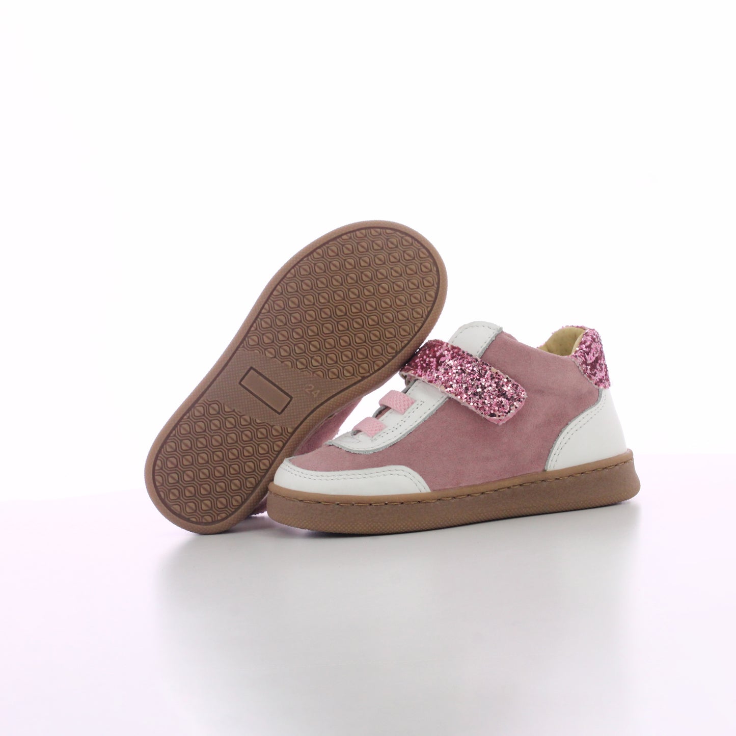 BASKET ROSE ET BLANCHE CUIR A SCRATCHE ET LACETS BEBE FILLE