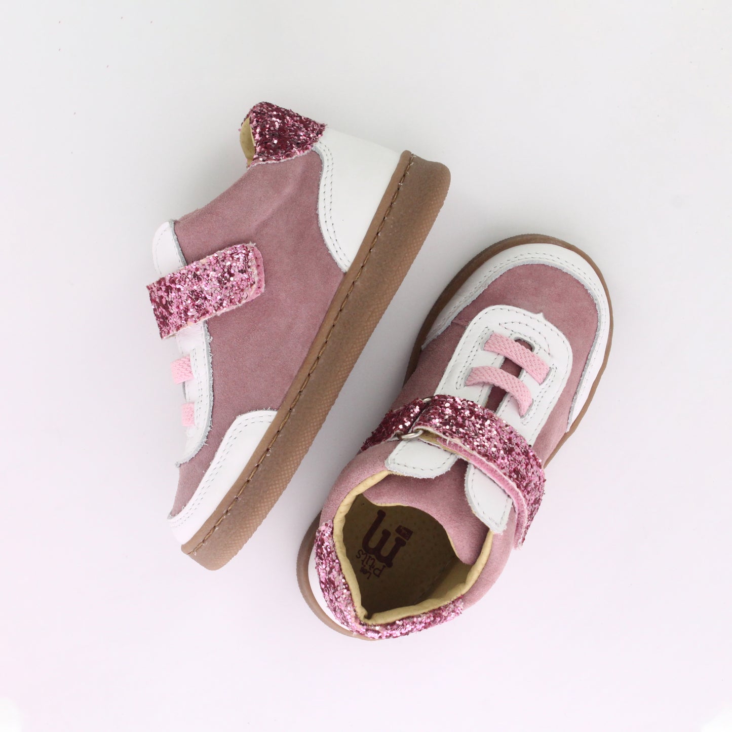 BASKET ROSE ET BLANCHE CUIR A SCRATCHE ET LACETS BEBE FILLE