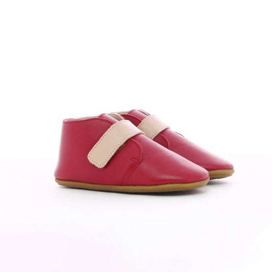 Chausson en cuir à scratch fille rouge et rose