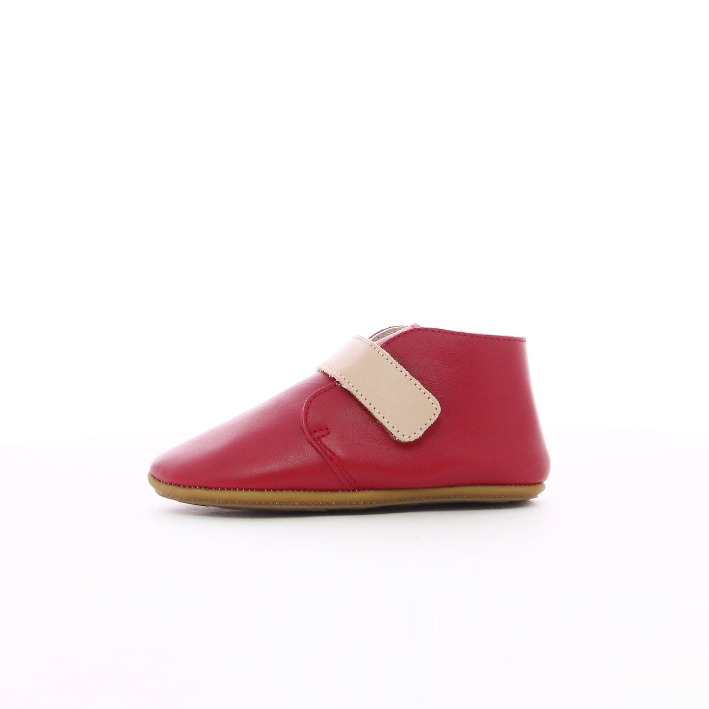 Chausson en cuir à scratch fille rouge et rose