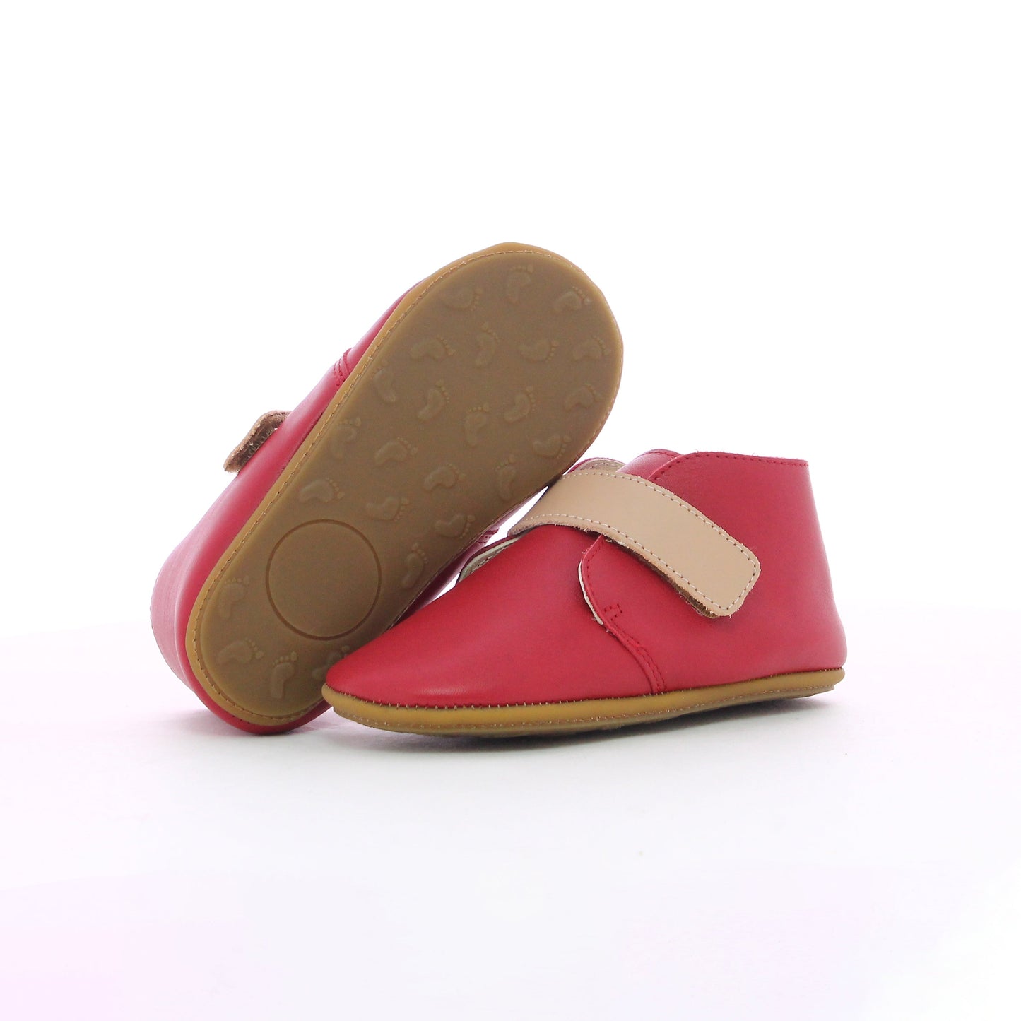 Chausson en cuir à scratch fille rouge et rose