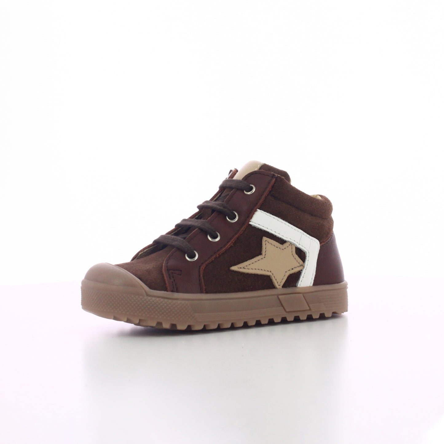 BASKET CUIR MONTANTE MARRON BEIGE ET BLANC A LACETS ET ZIP BEBE