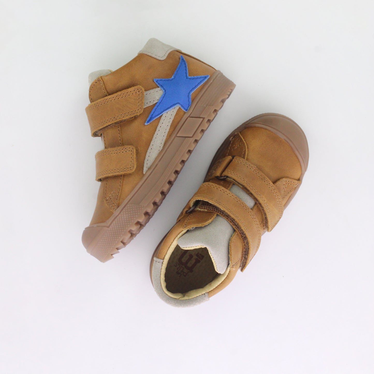 BASKET CUIR MONTANTE CAMEL BLEU ET BEIGE A SCRATCHE BEBE GARCON