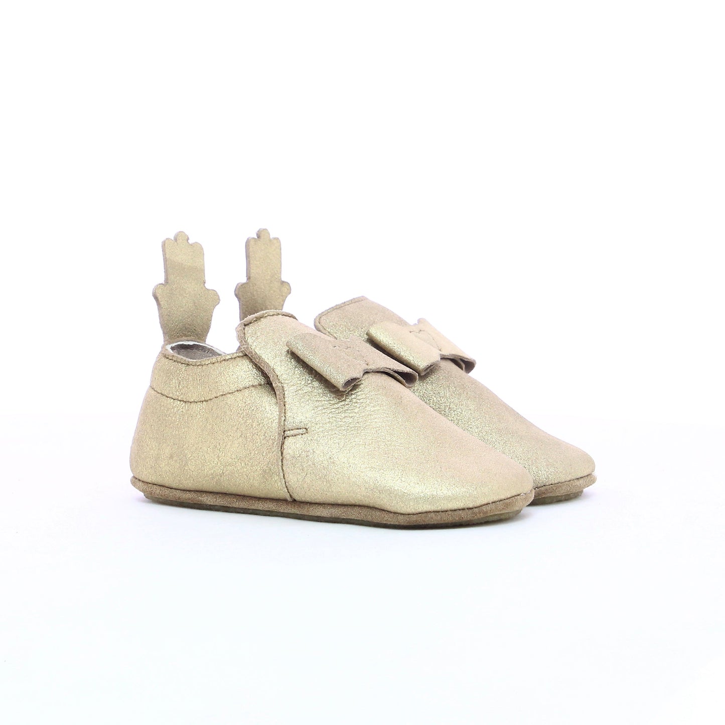 Chausson en cuir enfant nœud papillon doré