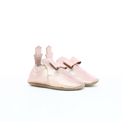 Chausson en cuir bébé fille nœud papillon rose doré