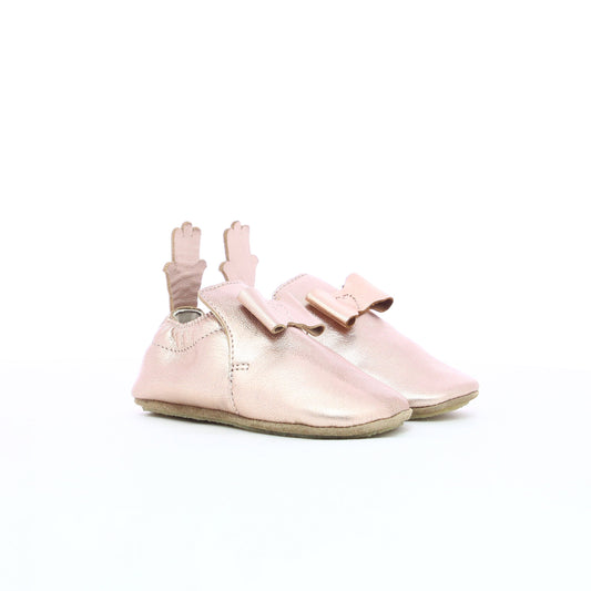 Chausson en cuir bébé fille nœud papillon rose doré