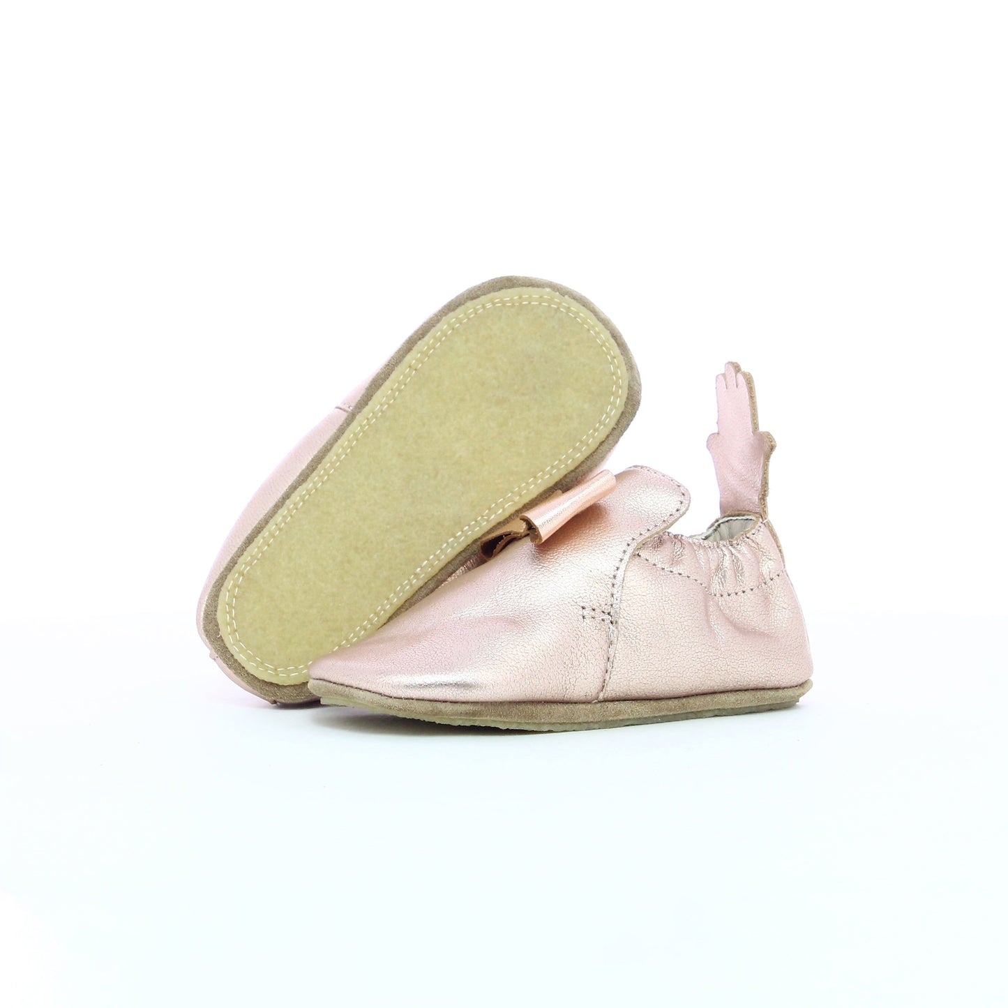 Chausson en cuir bébé fille nœud papillon rose doré