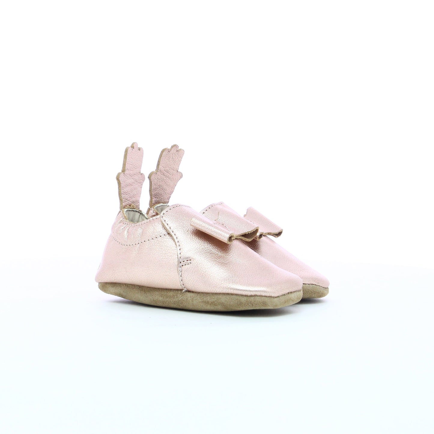 Chausson en cuir bébé nœud papillon rose doré