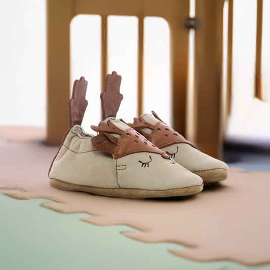 Chausson en cuir bébé beige camel - Cerf